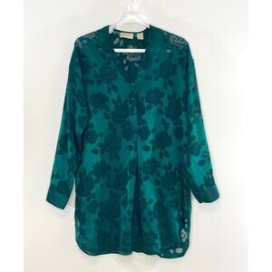 Victorias Secret Vintage Green Satin Floral Burnout Sleep Shirt Dress Medium